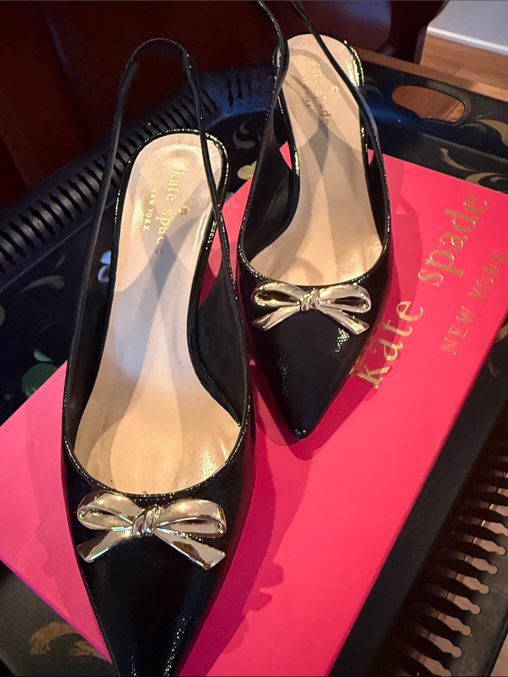 kate spade Black Patent Slingback Pumps with Gold Bow Accent